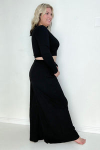 Black Ribbed Crop Top And Wide Leg Pants Set esb