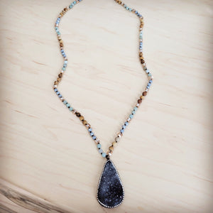 Amazonite & Crystal Long Beaded Necklace w/ Druzy Pendant 262u