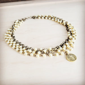 Champagne Pearl Beaded Collar Necklace w/ Pendant 263x