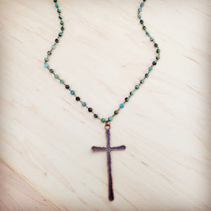 Genuine African Turquoise Long Beaded Necklace with Antique Copper Cross 262y