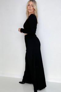 Black Ribbed Crop Top And Wide Leg Pants Set esb