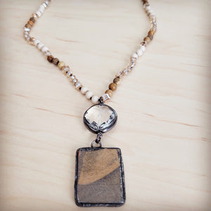 **Picture Jasper & Crystal Long Beaded Necklace w/ Jasper Pendant 262t