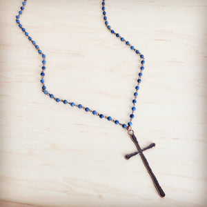 Genuine Blue Lapis Long Beaded Necklace with Antique Copper Cross 263a