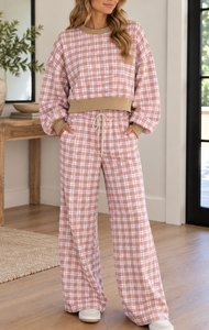 Pre Order - Plaid Drop Shoulder Ribbed Set