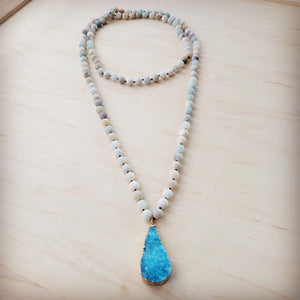 Frosted Amazonite Long Beaded Necklace with Agate Pendant 260o