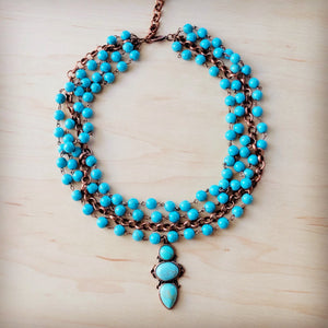 Triple Strand Turquoise & Copper Collar Necklace w/ Droplet Pendant 257lm
