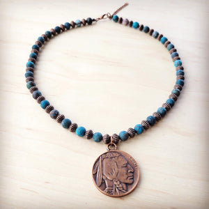 Natural American Turquoise Beaded Collar Necklace w/ Indian Head Pendant 262h
