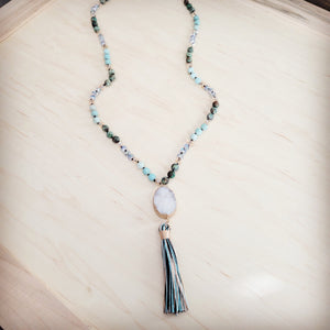 **Long Amazonite Necklace with Genuine White Druzy Pendant 262j
