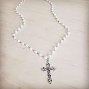 Pearl Long Beaded Necklace with Antique Silver Cross 262p