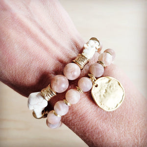 Frosted Sunstone Stretch Bracelet w/ Matte Gold Charm 811q