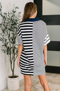 Everlasting Love Striped Collared Dress in Black and Navy