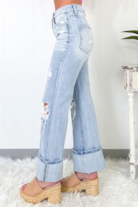Pre Order - Light-Wash Distressed Flare Jeans