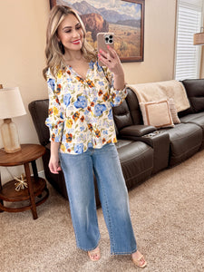 Summer Blue Floral V Neck Blouse