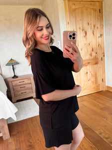 Ribbed Knit Short Set In Black