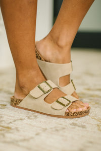 Jete Nubuck Double Buckle Slides in Light Taupe