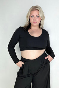 Black Ribbed Crop Top And Wide Leg Pants Set esb