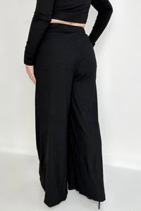 Black Ribbed Crop Top And Wide Leg Pants Set esb