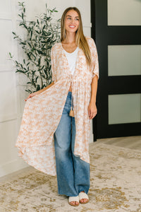 Tropical Print Gauze Kimono with Elastic Waist Tie in Milk Tea