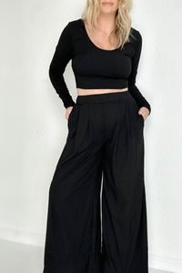 Black Ribbed Crop Top And Wide Leg Pants Set esb