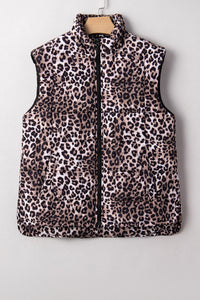 Leopard Quilted Sleeveless Zip Up Puffer Vest