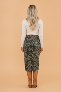 Tiger Stripe Denim Side Slit Raw Hem Midi Skirt