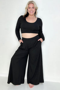 Black Ribbed Crop Top And Wide Leg Pants Set esb