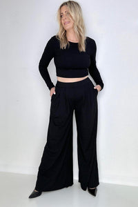 Black Ribbed Crop Top And Wide Leg Pants Set esb