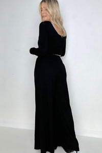 Black Ribbed Crop Top And Wide Leg Pants Set esb