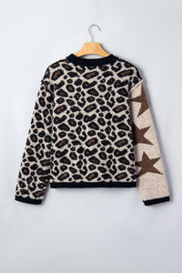 Leopard Star Patchwork Round Neck Fuzzy Sweater