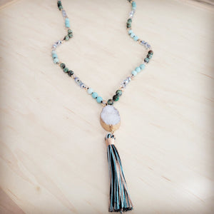 **Long Amazonite Necklace with Genuine White Druzy Pendant  262j