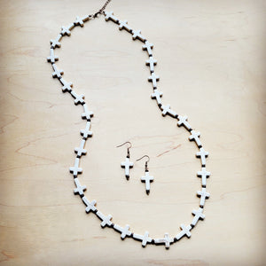 **White Turquoise & Wood Beaded Cross Necklace 258o