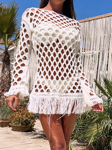 Double Take Openwork Lace Up Side Knit Cover Up