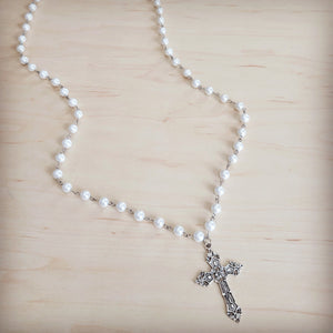 Pearl Long Beaded Necklace with Antique Silver Cross 262p