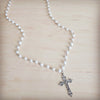 Pearl Long Beaded Necklace with Antique Silver Cross 262p