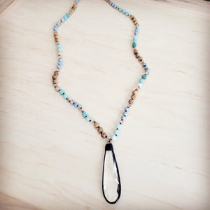 **Picture Jasper & Amazonite Long Beaded Necklace w/ Crystal Pendant 262r