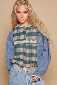 POL Round Neck Long Sleeve Plaid Shirt