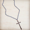 Genuine Blue Lapis Long Beaded Necklace with Antique Copper Cross 263a