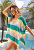 Openwork Striped V-Neck Short Sleeve Cover Up