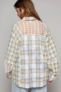 POL Long Sleeve Embroidered Crochet Plaid Shirt