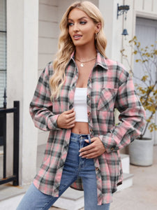 Mandy Pocketed Plaid Collared Neck Long Sleeve Shirt