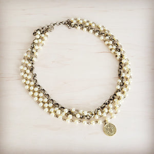 Champagne Pearl Beaded Collar Necklace w/ Pendant 263x