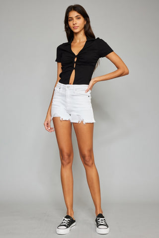 RISEN Katie High Waisted Distressed Shorts in Sand
