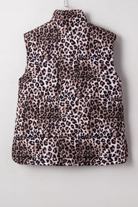 Leopard Quilted Sleeveless Zip Up Puffer Vest