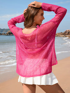 Openwork Slit Boat Neck Long Sleeve Cover-Up