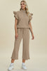 Double Take Full Size Texture Ruffle Short Sleeve Top and Wide Leg Pants Set