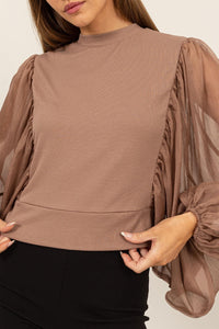 HYFVE Ruched Sheer Long Sleeve Mock Neck Blouse