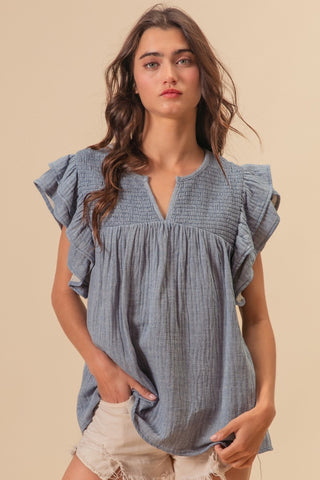 Half Button Notched Half Sleeve Blouse