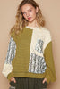 POL Exposed Seam Floral Patch Color Block Round Neck Sweatshirt