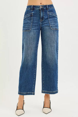 RISEN Tummy Control High Rise Palazzo Leg Frayed Hem Jeans