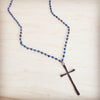 Genuine Blue Lapis Long Beaded Necklace with Antique Copper Cross 263a
